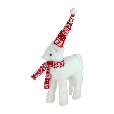 Décoration de Noël cerf debout blanc et rouge 14,5 po avec chapeau nordique