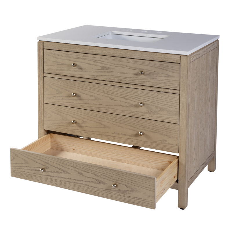 Nora 36 in W Quartz Top Single Sink Bathroom Vanity Set, Light Oak