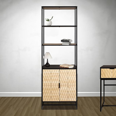 Bali Coastal Modern 6-Tier Book Shelf With Storage, Black With Natural Wood