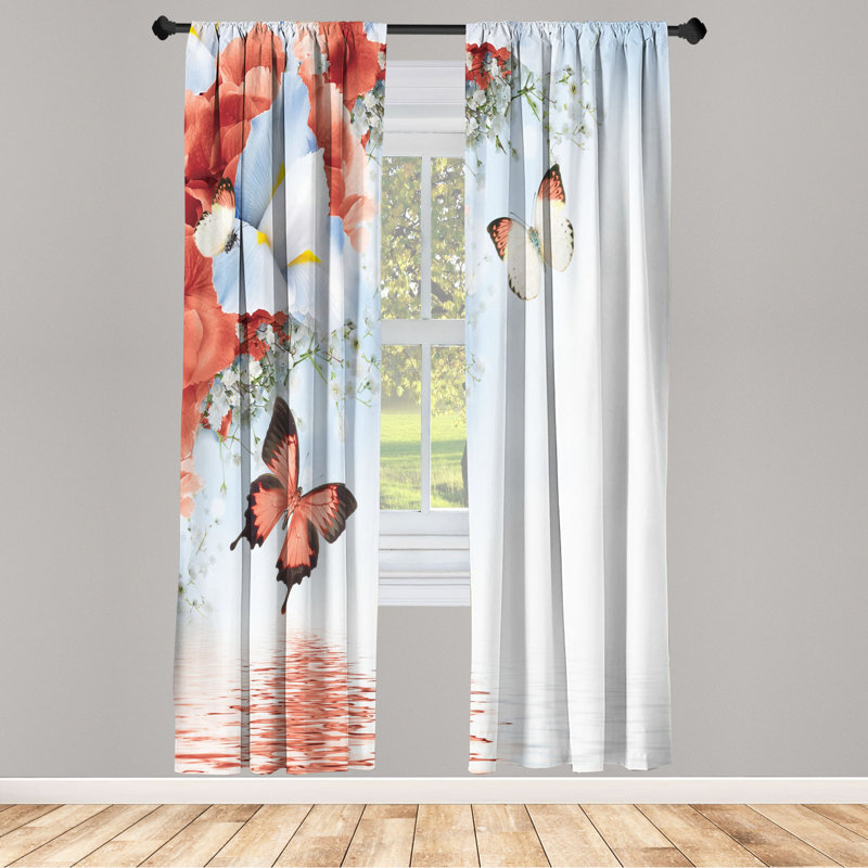 Microfiber Floral Semi-Sheer Rod Pocket Curtain Panels, 28" W x 84" L, Coral/Light Blue