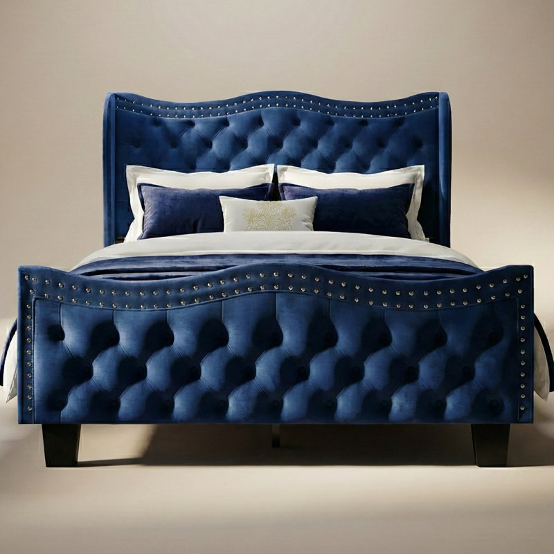 Modern Tufted Velvet Wingback Platform Bed with Nailhead Trim, Blue