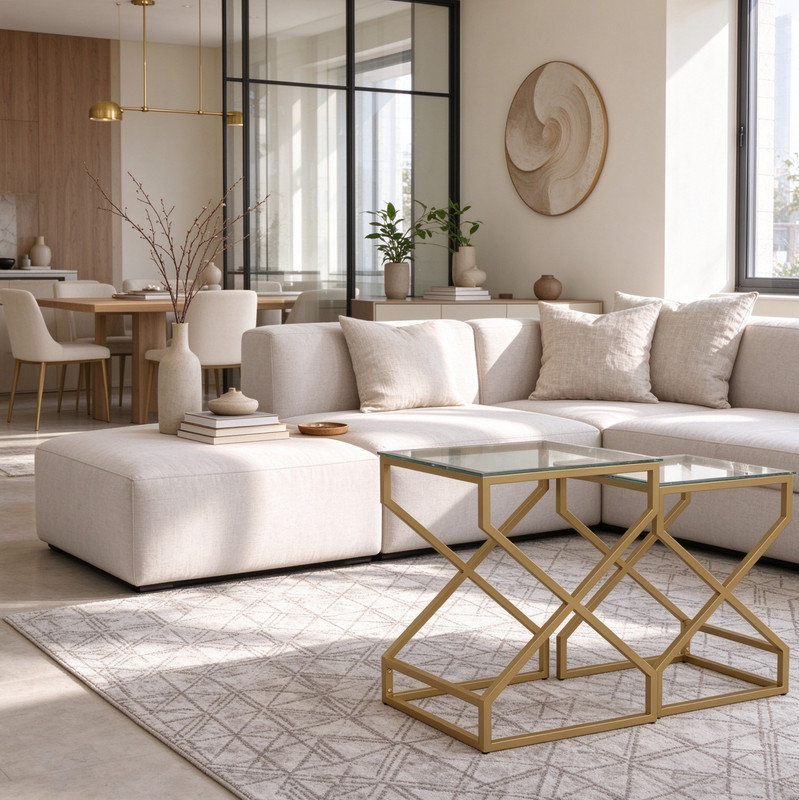 Clear Glass Nesting End Table Set, Golden Leg Accent Tables for Contemporary Interior Spaces
