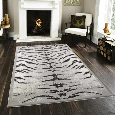 Tapis gris et argent, 7 pi 10 po X 3 po, fait à la machine, style chalet rustique sauvage, espaces de vie à la maison et compatibles avec les animaux de compagnie, teinture, construction en jute rectangulaire, motif de peau de vache 3D, hauteur