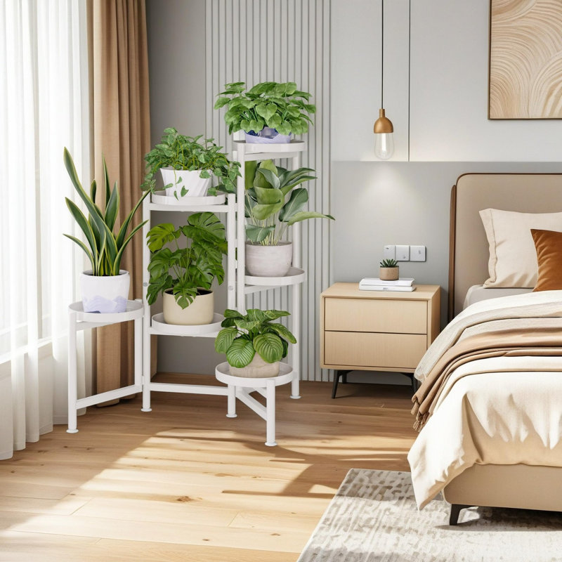 Étagère de coin pliable en métal à 6 niveaux pour plantes d'intérieur et d'extérieur, Blanc