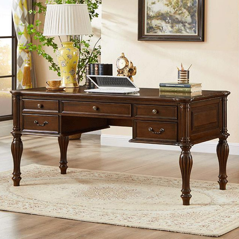 Bureau rectangulaire à 5 tiroirs en bois massif et en bois manufacturé brun noisette, H 30,71 po x l 59,06 po x P 29,53 po