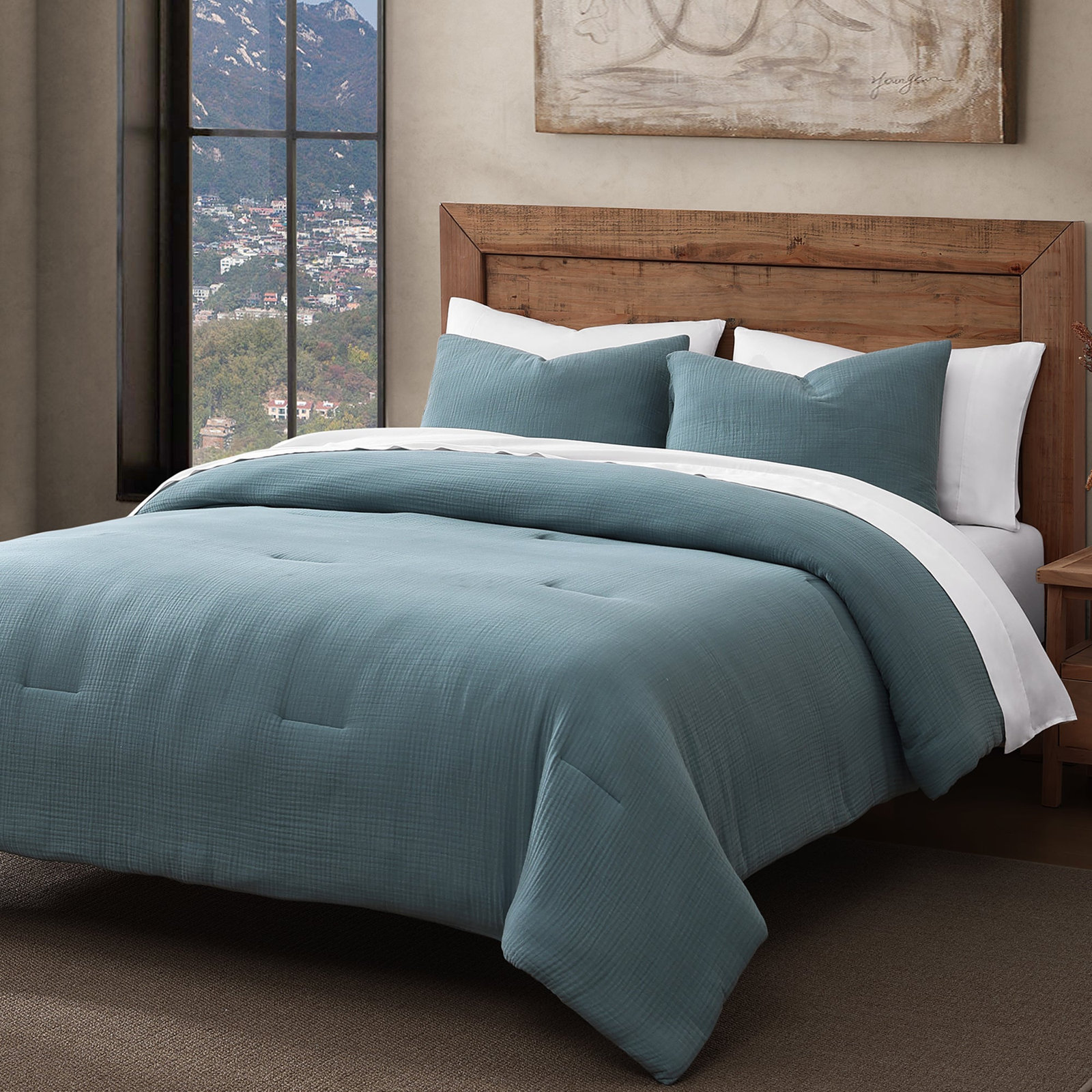 Cotton Voile Classic Casual Modern Rustic Soft And Lightweight Comforter Set, King Comforter + 2 King Shams, Storm Blue