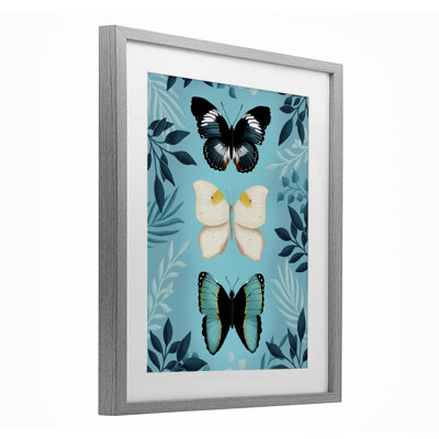 Trois papillons bleus exotiques, reproduction sous verre encadrée, design par Metka Hiti