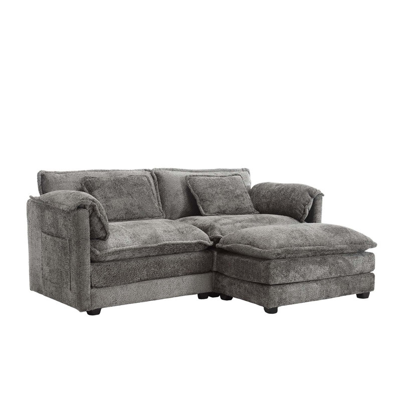 76.77" Chenille Loveseat With Ottoman, Gray Chenille