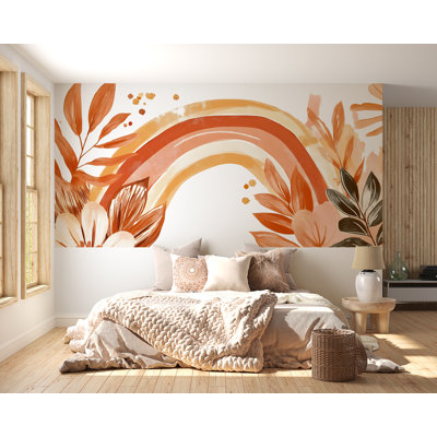Adhésif décoratif terre cuite arc-en-ciel - Art mural floral bohème au-dessus du lit, grande chambre à coucher pelez et collez l'art mural 079Mv