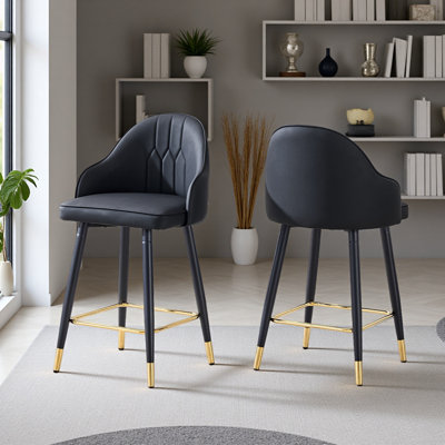 Ensemble de 2 tabourets de bar en cuir de polyuréthane: hauteur de 37,7 po, hauteur de siège de 25 po, repose-pieds décoratif doré, idéal pour un îlot de cuisine