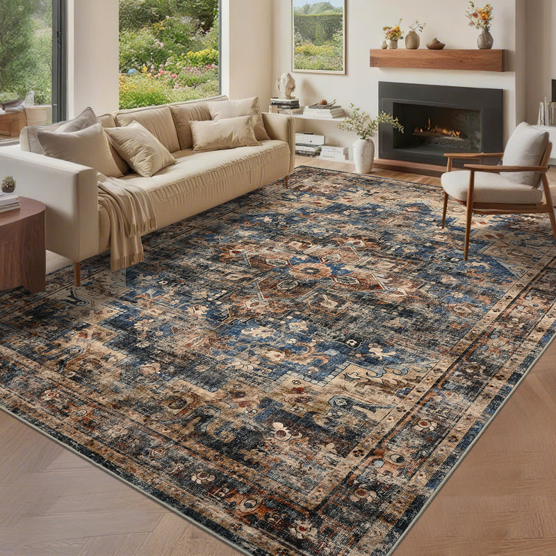 Vintage Rug Washable Area Rugs for Living Room Non Slip Retro Oriental Indoor Carpet Soft Non-Shedding Floor Mat Low Pile Thin Foldable Floor Cover for Dining Room Bedroom Nursery Playroom