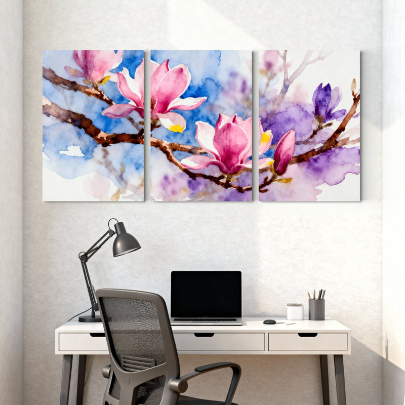 «Magnolia Watercolor Magnolia Blossoms On Branches», ensemble de 3 impressions sur toile, H 30 po x l 60 po