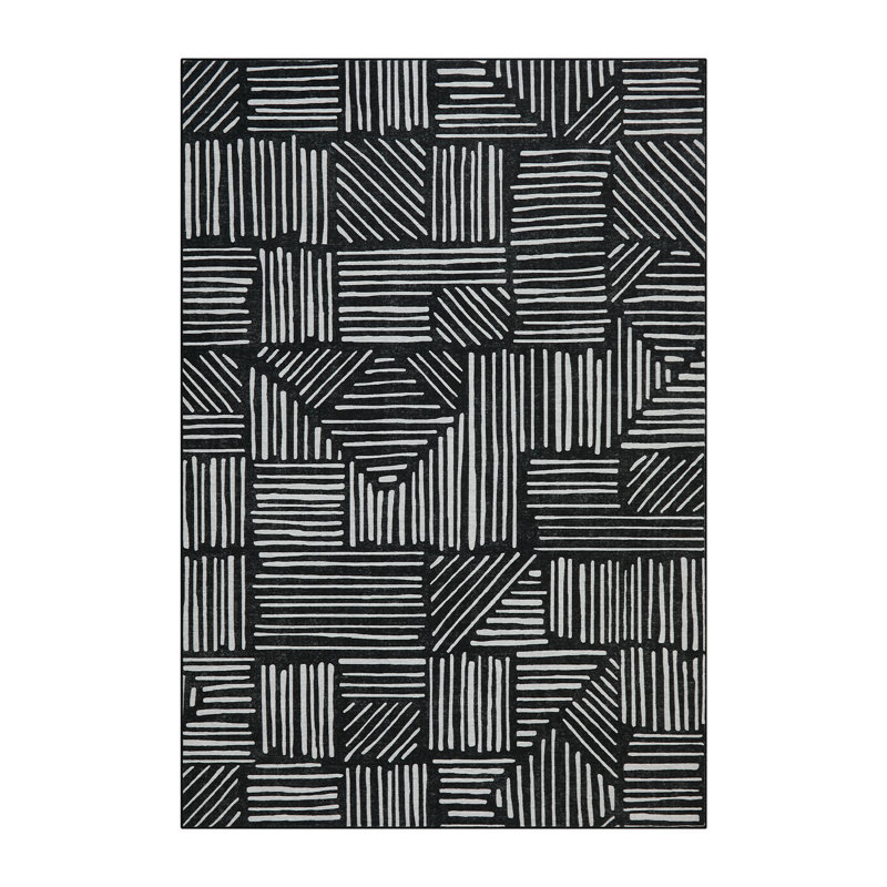 Tapis géométrique abstrait moderne lavable à la machine, tapis doux antidérapant à poils courts, Noir, 2 x 3 pi