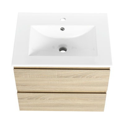Meuble-lavabo mural moderne de 24 po, lavabo en céramique, 2 tiroirs à fermeture en douceur, lavabo en chêne