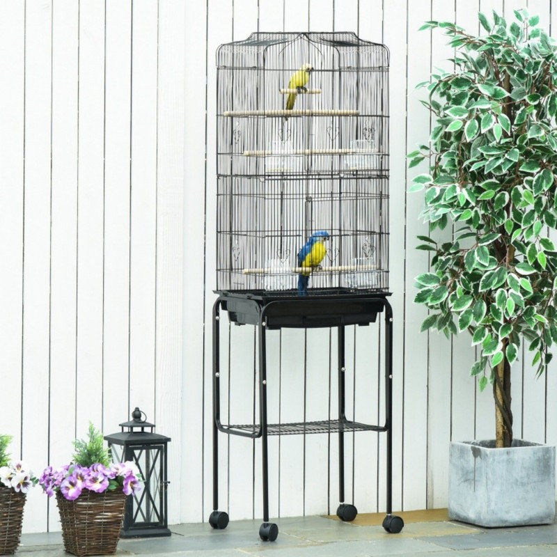 Black Bird Cage for Budgie Finch Canary Parakeet, with Rolling Stand Wheels, Slide-Out Tray and Bottom Storage Shelf, Complete Small Parrot Habitat, 46.5 x 36 x 157 cm