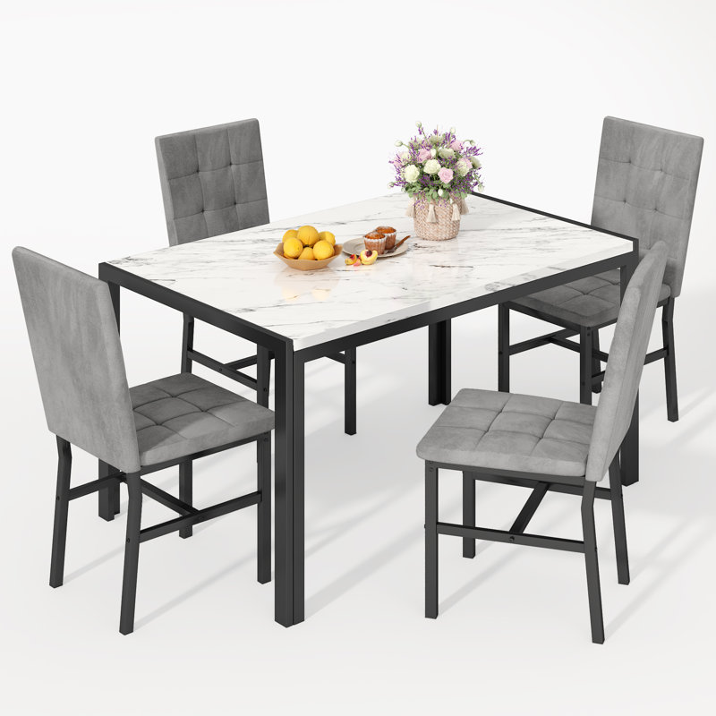 5-Piece Marble Dining Table Set - Space-Saving Table & 4 Velvet Chairs, Gray