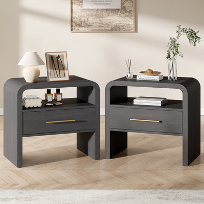 Auralis Organic Modern Curved Nightstand Set of 2 with Charging Station and Ambient LED Lighting, Waterfall Bedside Tables with Drawer Storage