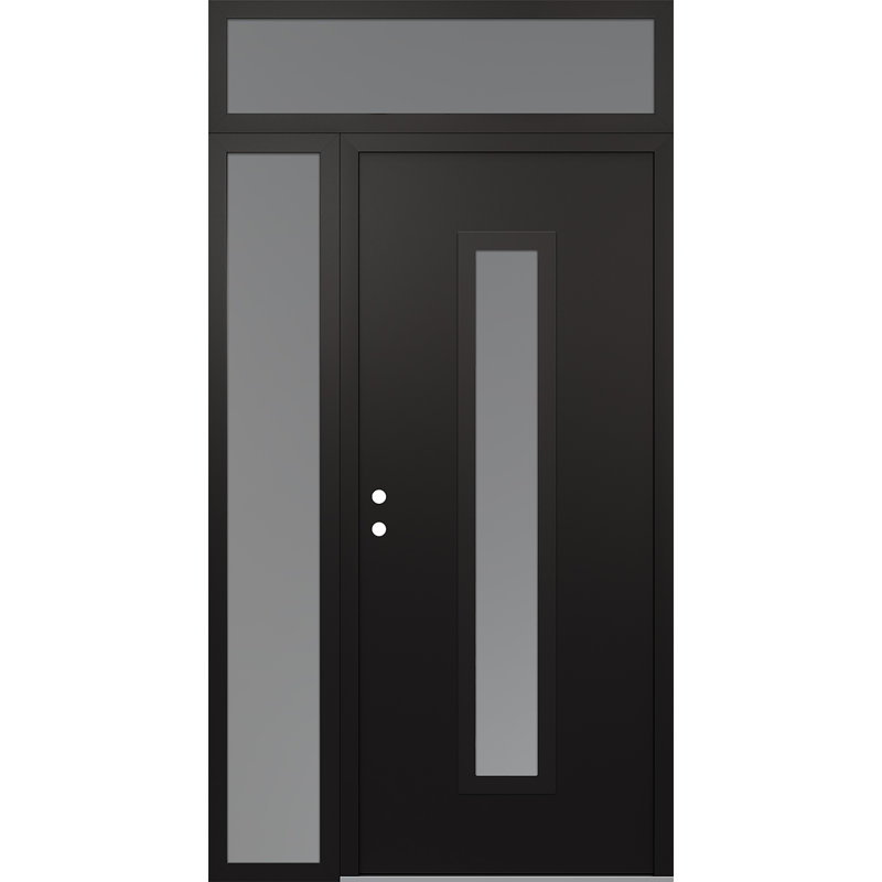 Porte d'entrée pré-suspendue à panneau en acier noir Diamond A11 avec panneau latéral et traverse, L 49,25 po x H 95,69 po