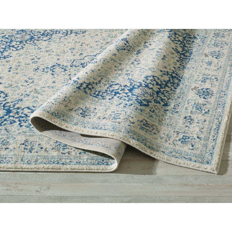 Tapis crème/ivoire/bleu marine oriental Cunha, Rectangle 5 pi 3 po x 7 pi 6 po