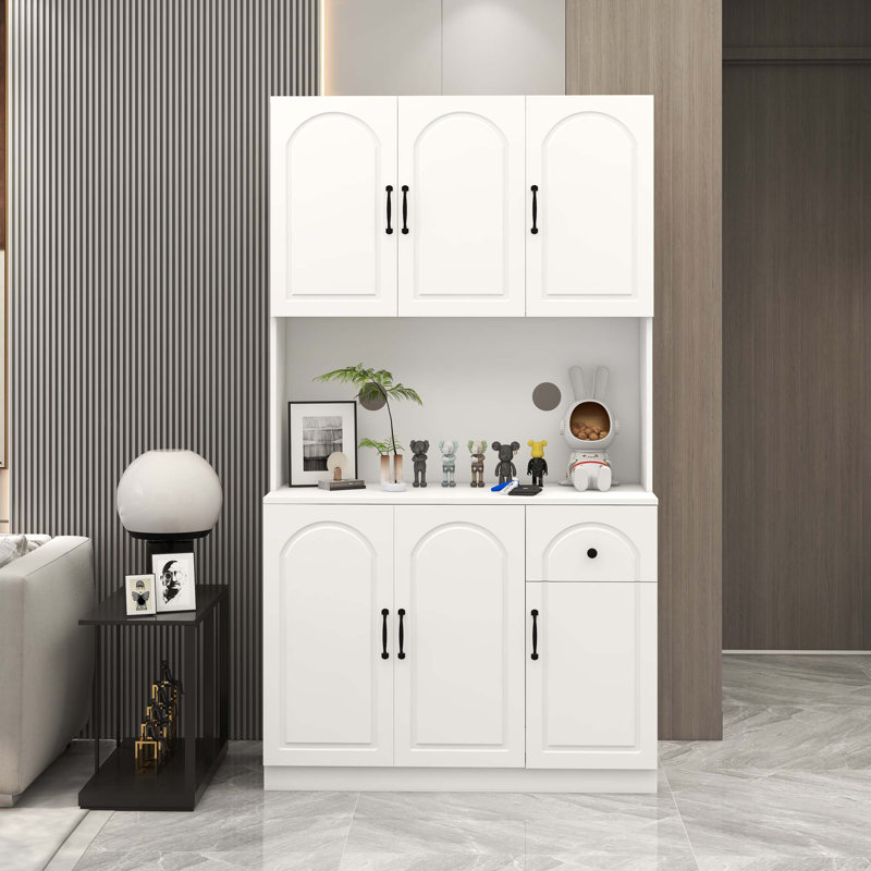 71" Kitchen Pantry Storage Cabinet With Microwave Oven Countertop, Freestanding Hutch Cabinet With Adjustable Shelves, 6 Doors And 1 Drawer
