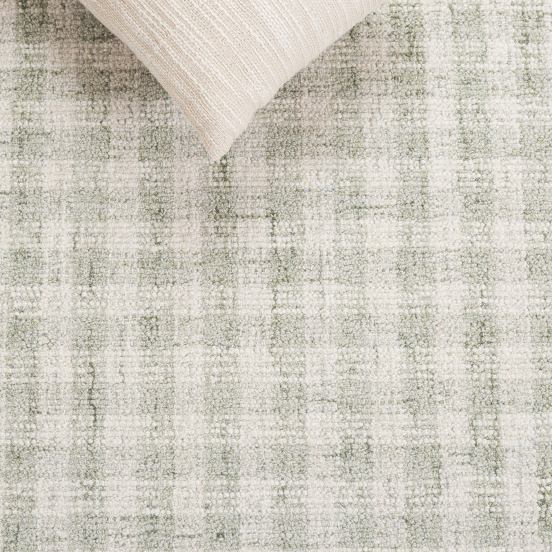 Giovoni Ebony Hand Tufted Wool/Cotton Plaid Rug in Sage/Ivory, Rectangle 10' x 14'
