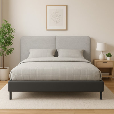 Delen Full Size Bed, Gray Upholstered Split Headboard, Black Metal