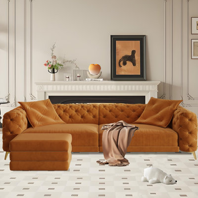 98 Inch Upholstery Sleeper Tufted Sectional Sofa With Convertible Ottoman, King Sleeper Sofa Bed With 2 Pillows