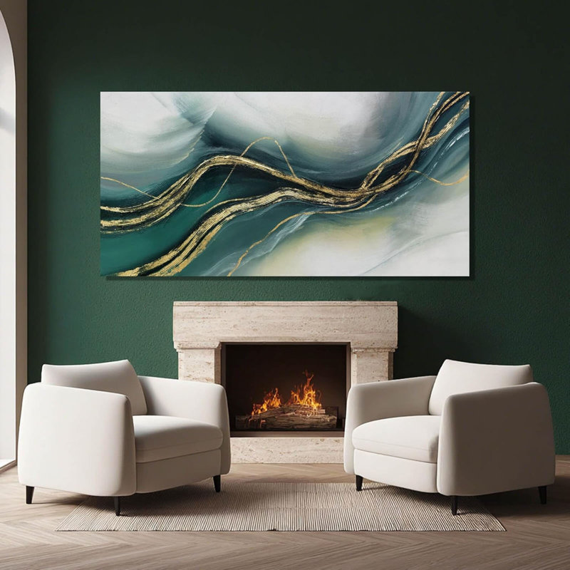 Gold Home Decor, Canvas Wall Art, Green Large Abstract Art For Living Room, Office, Bedroom & Dining Room, 24" X 48"