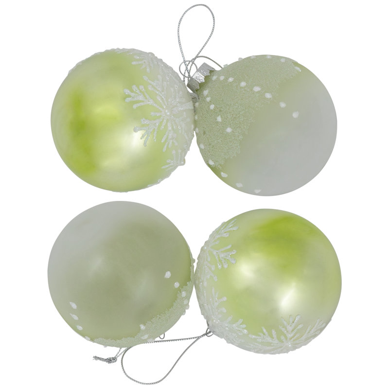 Ornements de Noël boule de verre en forme de flocons de neige - 3 po (80 mm) - 4 carats, Vert/blanc