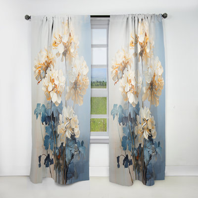 Minimalism White And Blue Geraniums Flowers II - Geraniums Floral Room Darkening Curtain - 1 Panels
