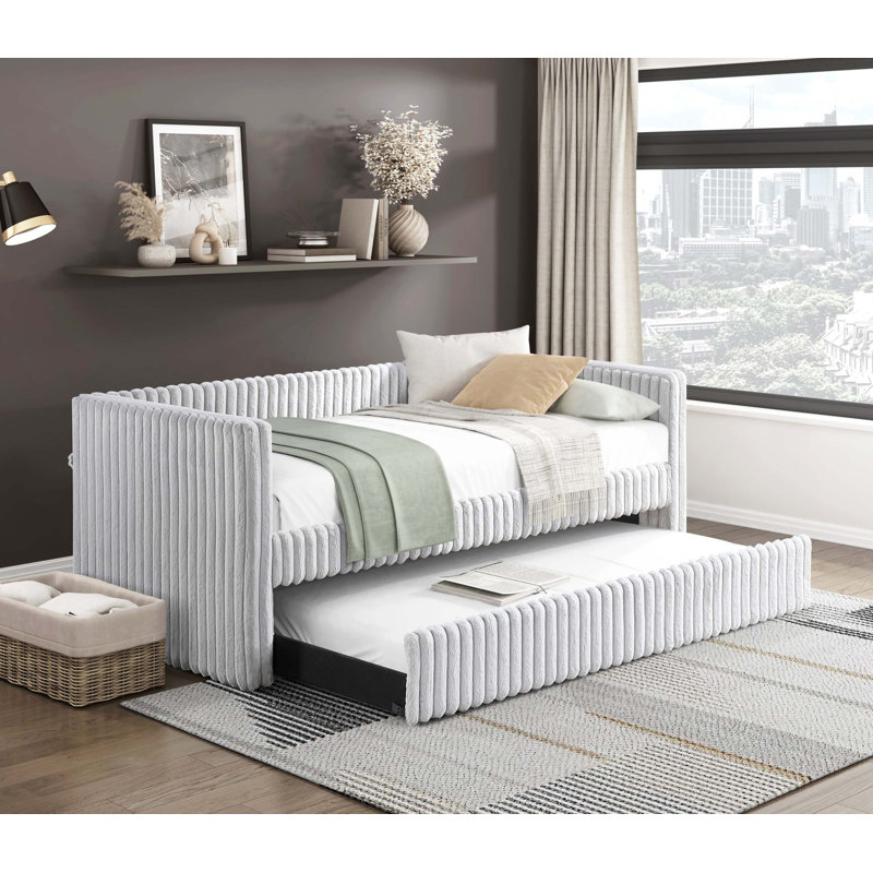 1Pc Daybed With Trundle Corduroy Fabric Upholstery Modern Luxury Home Furniture Durable Comfortable, Gray