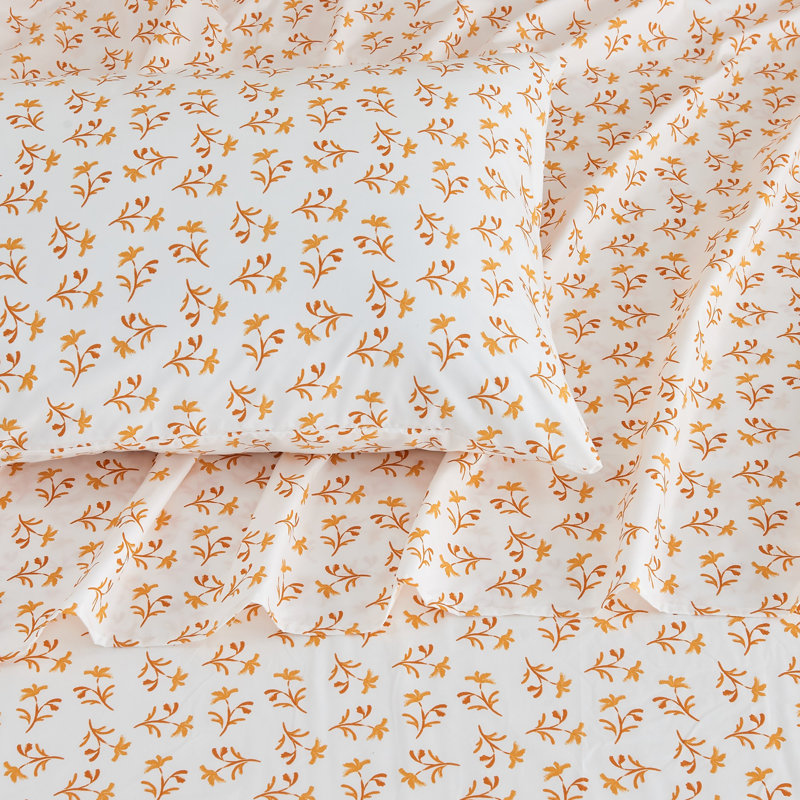Twin Size White and Orange Floral Microfiber Sheet Set