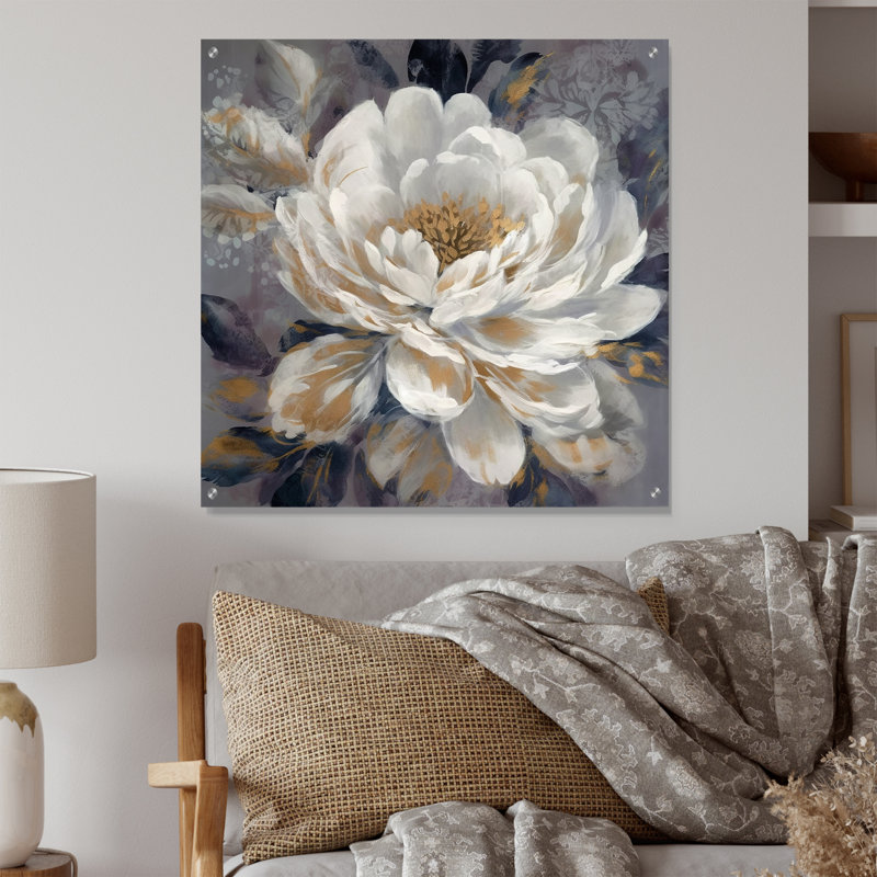 Emotion of White Gold Peony Flower I - pivoines, art mural acrylique, H 16 po x l 16 po