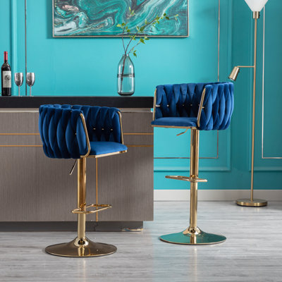 Lot de 2 tabourets de bar en velours bleu marine, pieds, repose-pieds et base dorés, hauteur réglable. Revêtement inclus.
