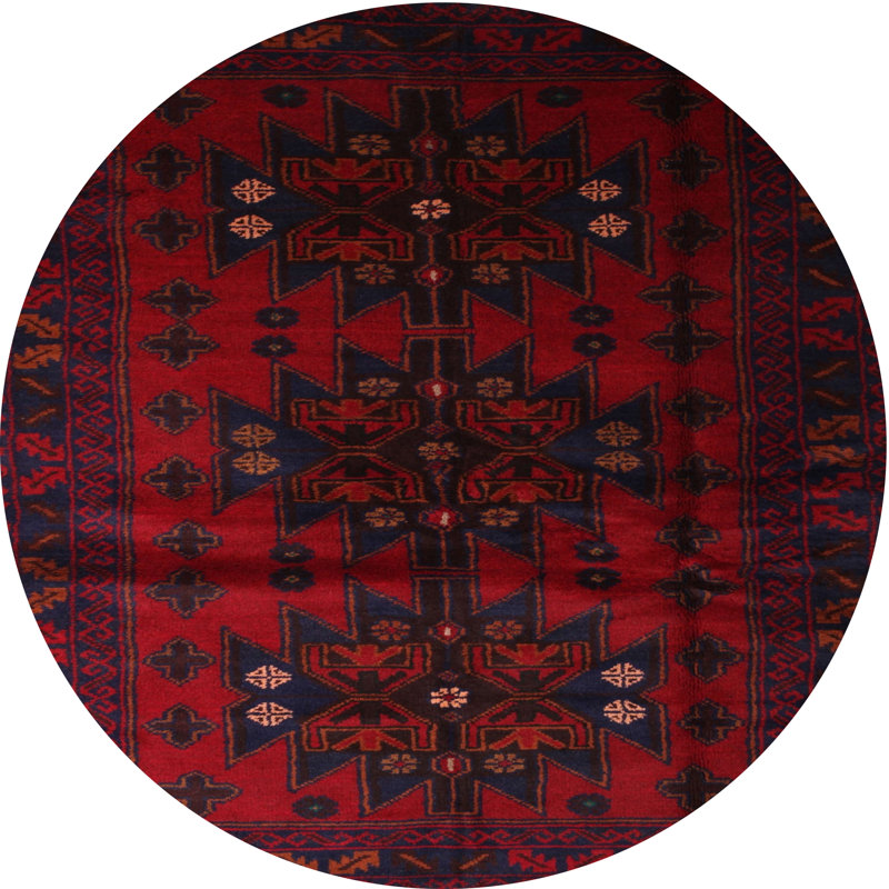 Tapis de zone rouge/bleu contemporaine, Rond 5 pi
