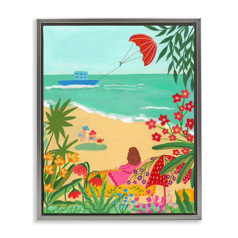 Cadre flottant Beach and Flowers View, design par Nabeela Rumi, H 21 po x l 17 po, Cadre flottant gris lustré