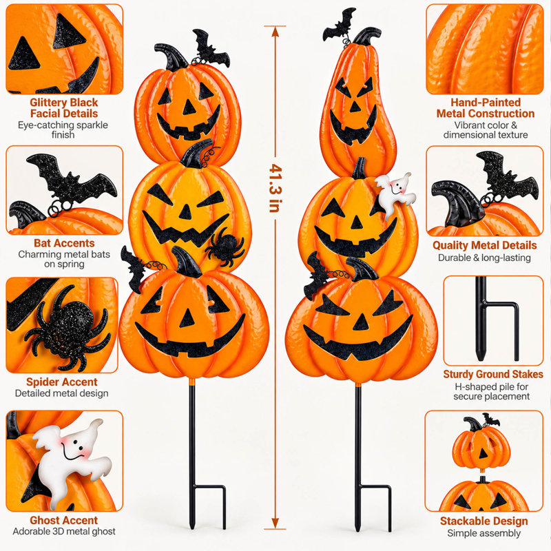 Lot de 2 piquets de jardin en métal empilables en forme de citrouille pour la décoration extérieure d'Halloween