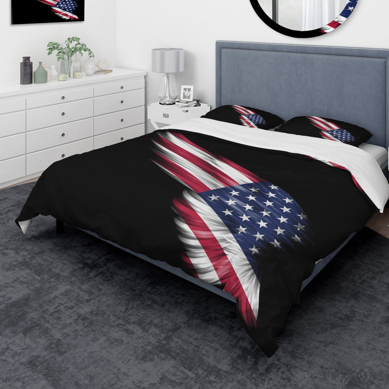 Ensemble de housse de couette designart à oreilles avec drapeau american, Housse de couette très grand + 2 taies décoratives