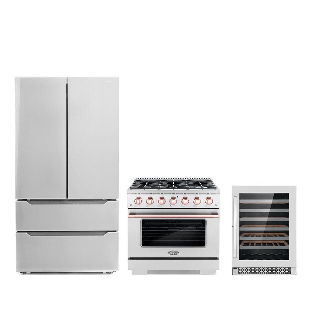 Cosmo 3 Piece Kitchen Appliance Package with French Door Refrigerator , 36'' Gas Freestanding Range , and Wine Refrigerator Cosmo 