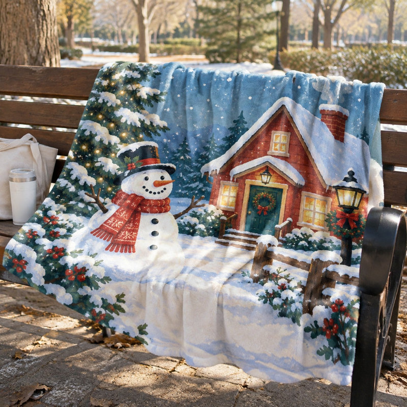 Snowman Christmas Scene Cozy Fleece Blanket, Festive Winter Holiday Warm Plush Throw for Sofa Couch Bedroom Living Room Home Decoration