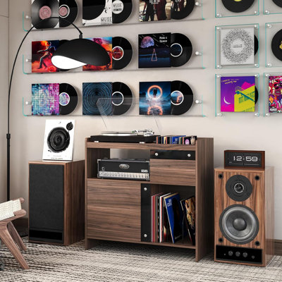 Record Player Stand With Vinyl Storage And Charging Station