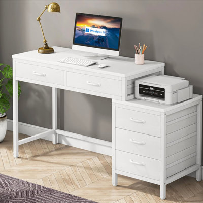 51" Reversible Computer Desk with 5 Drawers and File Cabinet, Rustic Home Office Desk with Printer Stand, Industrial Writing Table with Storage for Small Spaces, White