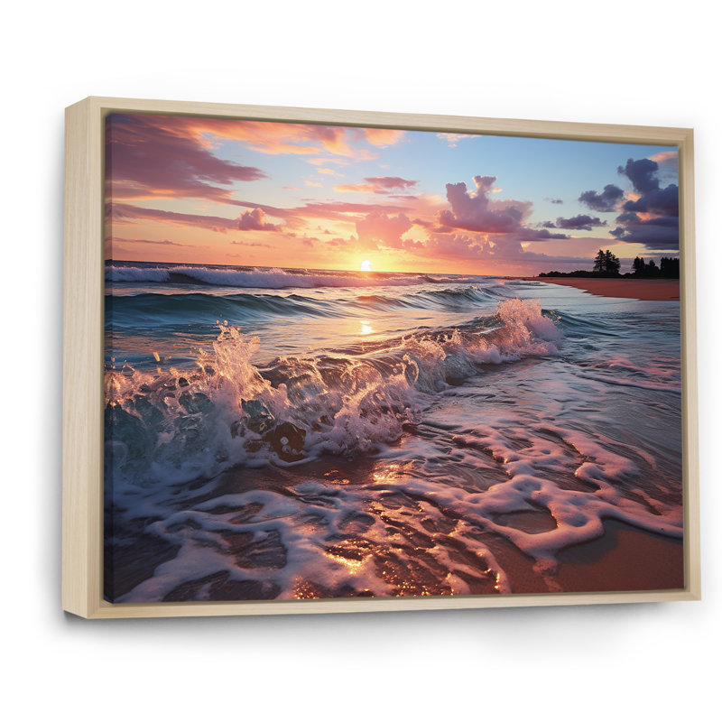 «Beachside Sunset Horizon 5 - Rose», art mural, Cadre flottant brun, H 12 po x l 20 po x P 1 po