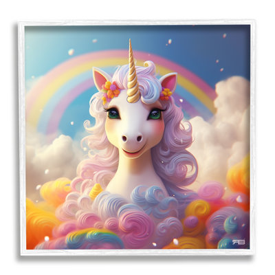 Stupell Industries White Unicorn With Rainbow By Rb Single Picture Frame Print On Canvas In Coastal White Framed Giclee