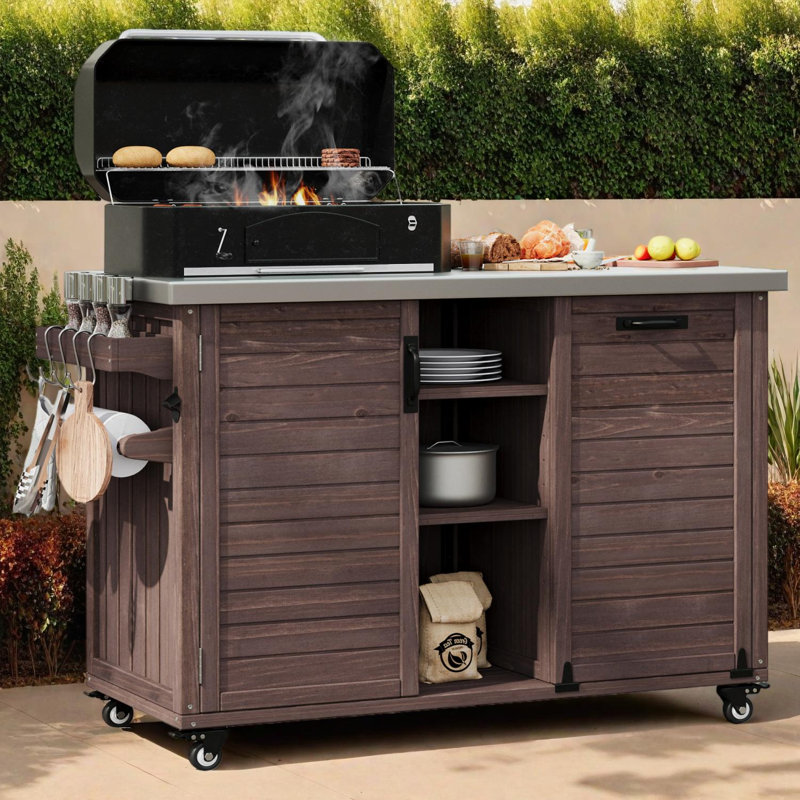 Outdoor Kitchen Island with Foldable Grill Table, Grill Cart with Trash Storage & Stainless Top, Dark Brown