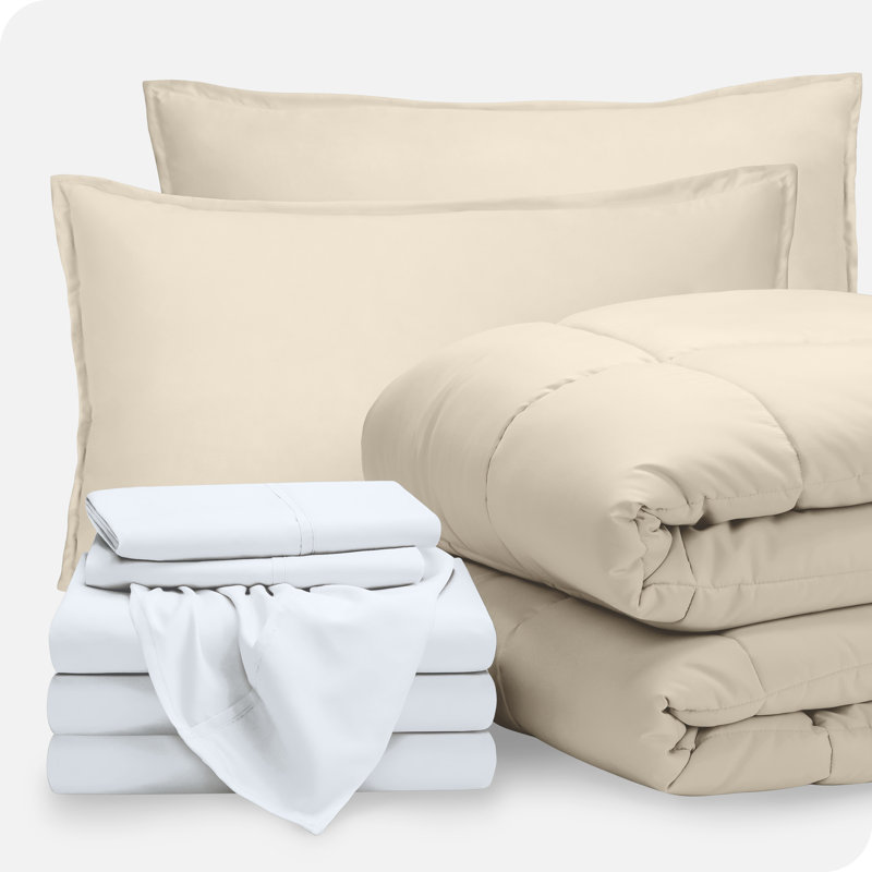 Lit dans un sac en microfibre 1800 de qualité supérieure 1800, Sable / blanc, Édredon divisé grand + 7 pièces supplémentaire