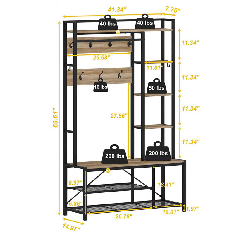 Arbre d'entrée de 41,34 po de largeur avec banc et rangement pour chaussures, Chêne rétro