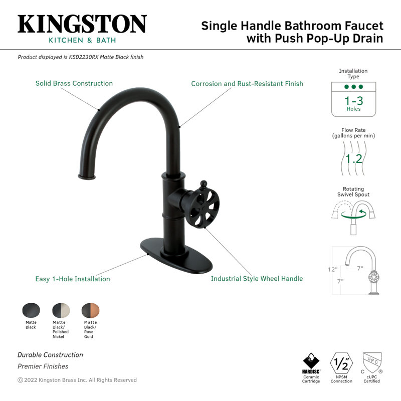 Kingston Brass Belknap Single-Handle 1-Hole Deck Mount Bathroom Faucet with Push Pop-Up and Deck Plate