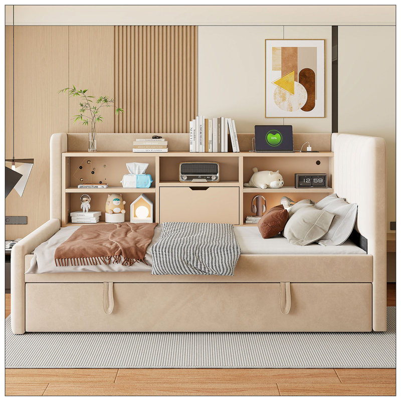 Lit de jour rembourré avec lit gigogne, tablettes de rangement, port USB et prise de courant pour la chambre à coucher, Beige