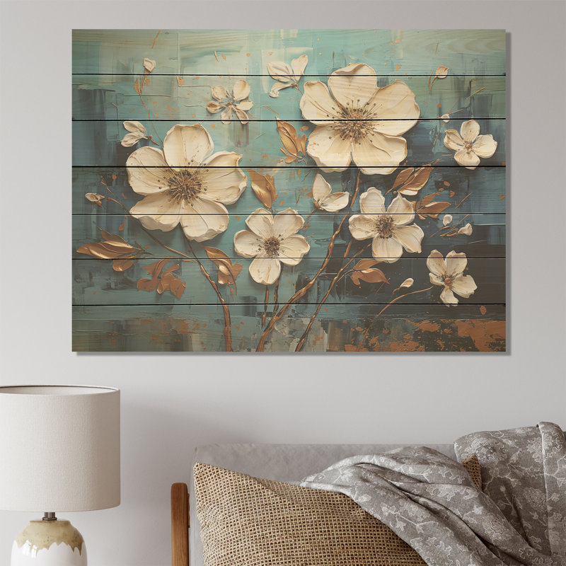 Orchidées blanches et bleues or V - Abstrait floral sur bois, H 10 po x l 20 po x P 0,78 po